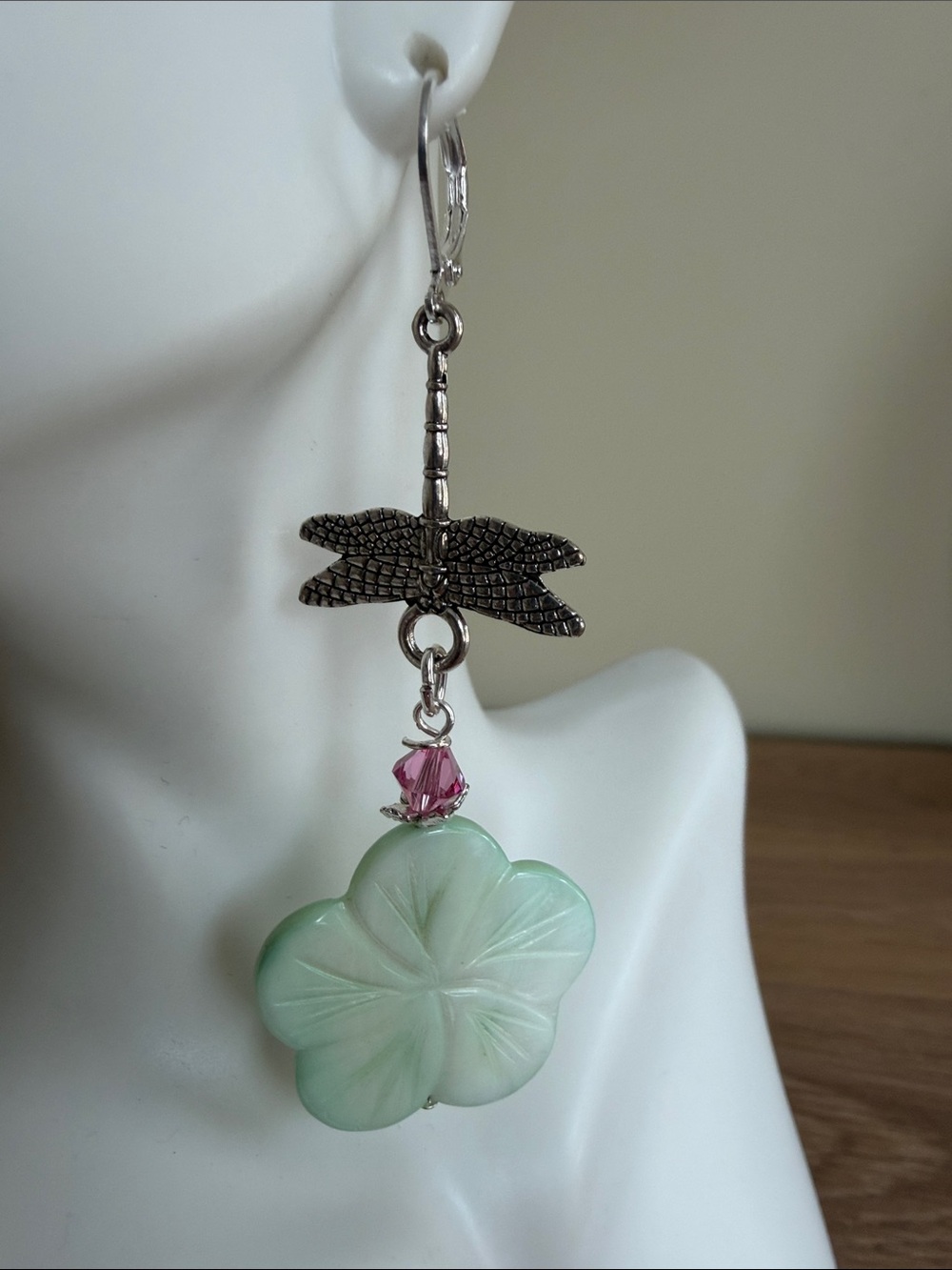 HAND CRAFTED MINT MOTHER OF PEARL FLOWER DRAGONFLY EARRINGS  Swarovski Crystals